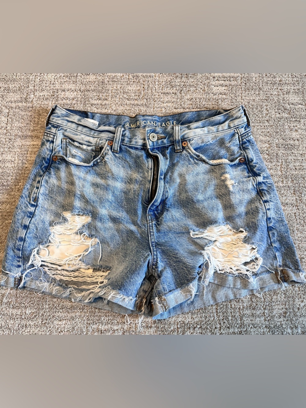 American Eagle High Rise Denim Shorts Size 10 Distressed Frayed Hem Blue - Picture 2 of 9